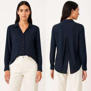 Saks Luxury 100% Silk Button Blouse – Navy – Size M